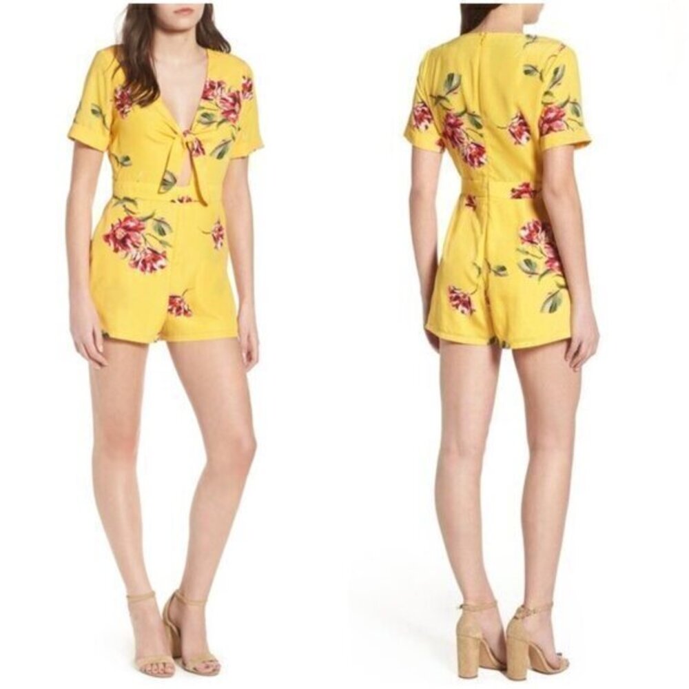 Socialite Yellow Floral Front Tie Romper with Pockets Size M NWT
